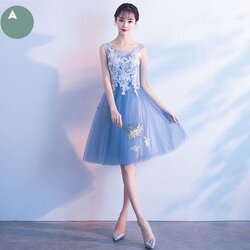 เดรสสั้น แขนกุด สีฟ้า ลุกไม้สีขาว กระโปรงผ้าตาข่ายนิ่ม งานร้อยหลัง พร้อมส่ง M,L,XL