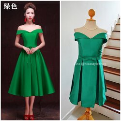 ชุดราตรีสั้น เปิดไหล่ สีเขียว *Size L* ผ้าไหมดัชเชส แต่งโบว์ที่เอว งานร้อยหลัง