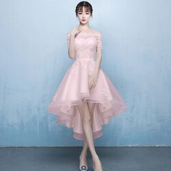 ชุดราตรี หน้าสั้นหลังยาว เปิดไหล่ แขนสั้น สีชมพูโอรส งานร้อยหลัง Size L,XL