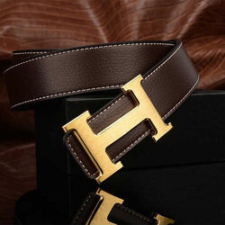 เข็มขัดหนังแท้สีดำสายน้ำตาลเข้ม สีทองH