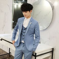 สูทแฟชั่น เกรดA ผ้าคอตตอน สีฟ้าอมเทา (สูท+เสื้อกั๊ก+กางเกง)