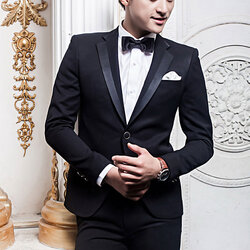 ชุดสูท,สูทชาย,สูทเจ้าบ่าว สีดำ ขอบปกเงานิดๆ กระดุม 1 เม็ด พร้อมส่ง M