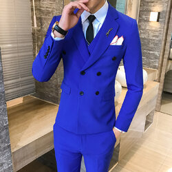 สูท,ชุดสูทเจ้าบ่าว,สูทผู้ชาย สีน้ำเงินสด กระดุม 6 เม็ด Size L (2ชิ้น สูท+กางเกง)