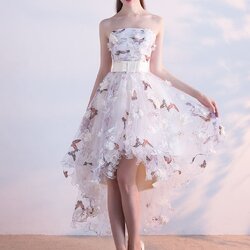 ชุดราตรี หน้าสั้นหลังยาว เกาะอก สีครีม พร้อมส่ง L ผ้าพิมพ์ลายผีเสื้อ งานร้อยหลัง