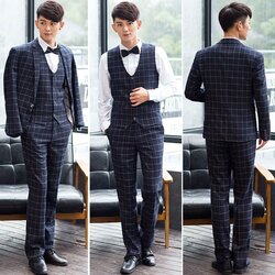 สูท,ชุดสูทเจ้าบ่าว,สูทผู้ชาย ลายสก๊อตเทาเข้ม พร้อมส่ง M (3ชิ้น)