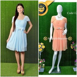 พร้อมส่ง Size L ชุดราตรีสั้น **สามารถใส่ได้7แบบ** ผ้าชีฟอง แต่งโบว์เข็มกลัดหัวใจที่เอว ซิปหลัง