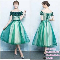 ชุดราตรีสั้น เปิดไหล่ แขนสั้น สีเขียว พร้อมส่ง XL