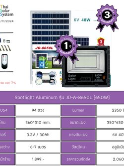 Spot Light โซล่าเซลล์ JD-A-8650L ขนาด 650w