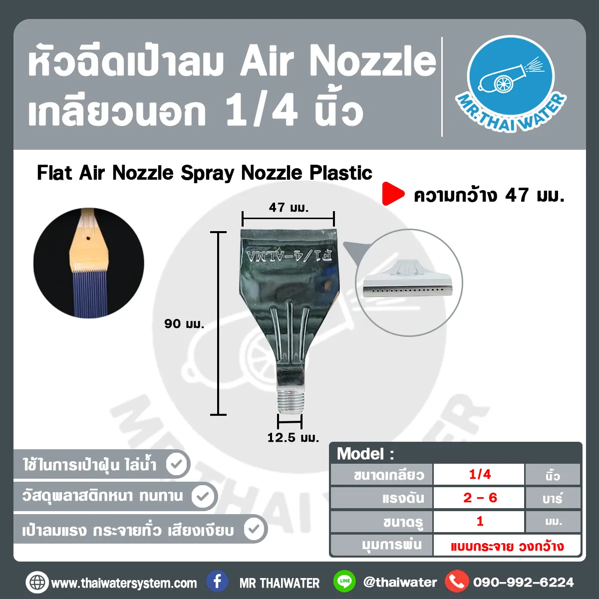 AIR-FLT-47-02BK หัวฉีดเป่าลมแบบไม้ไผ่ เกลียวนอก 1/4 นิ้ว กว้าง 47 มม. สีดำเงา